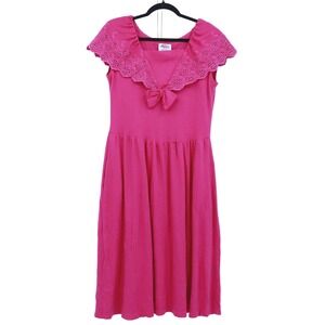 Lanz Originals‎ Cotton Eyelet Vintage Dress Womens 14 Pink Peter Pan Collar Bow